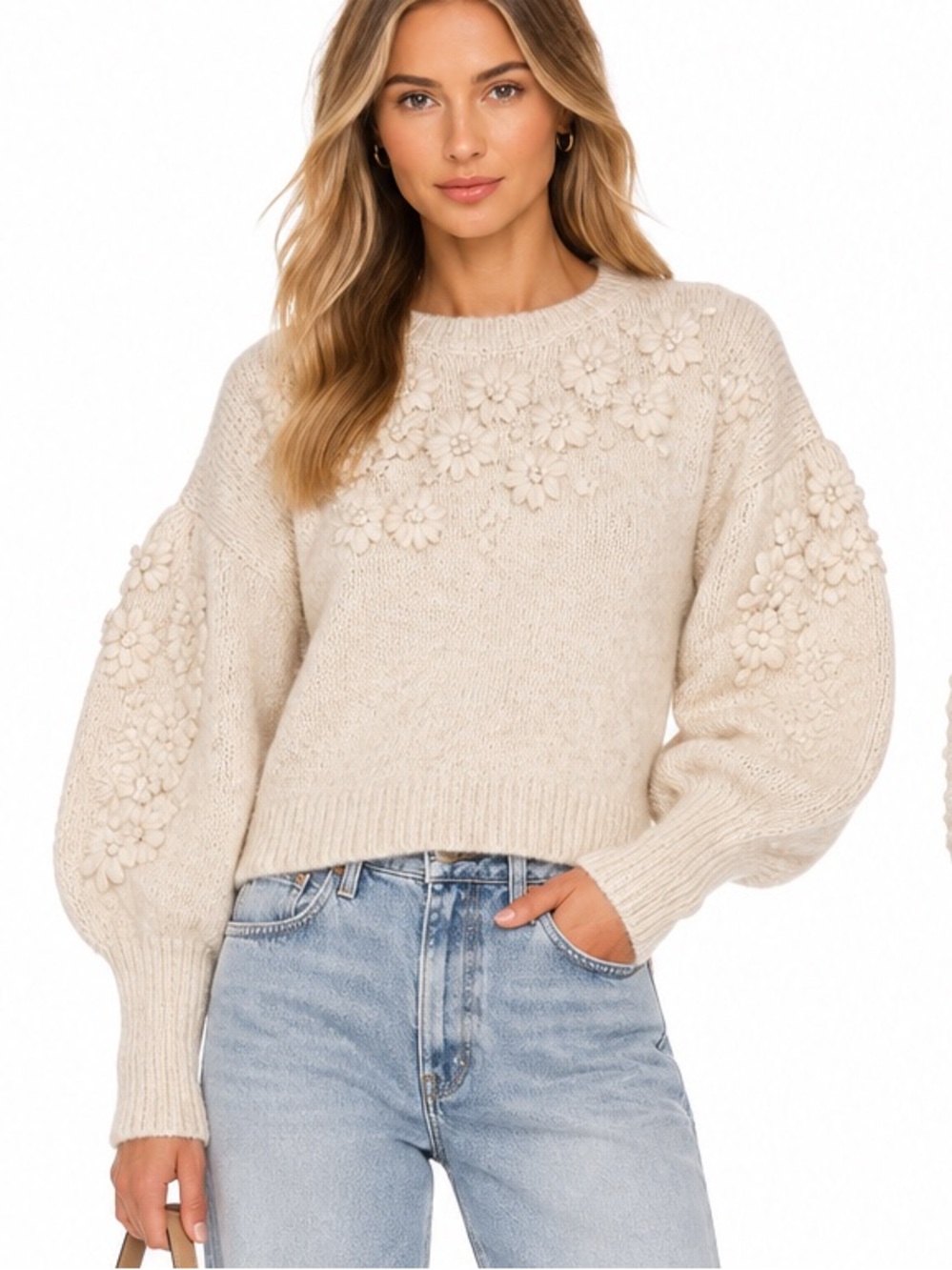 Anthropologie Dra Los Angeles Floral Embroidered Wool Blend Balloon Sleeve Sweat